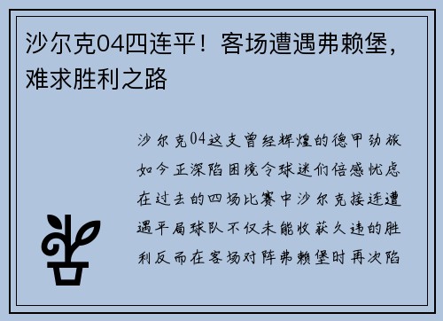 沙尔克04四连平！客场遭遇弗赖堡，难求胜利之路